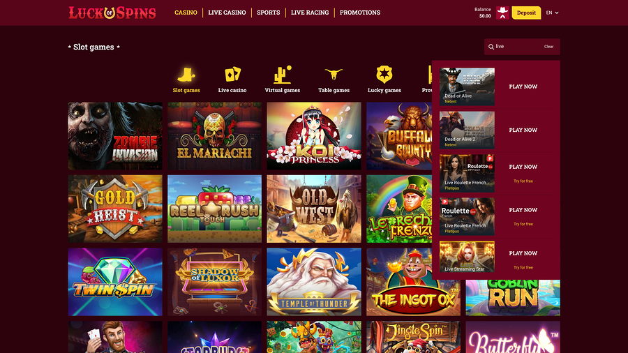 Luck Of Spins Casino Desktop Live Dealer