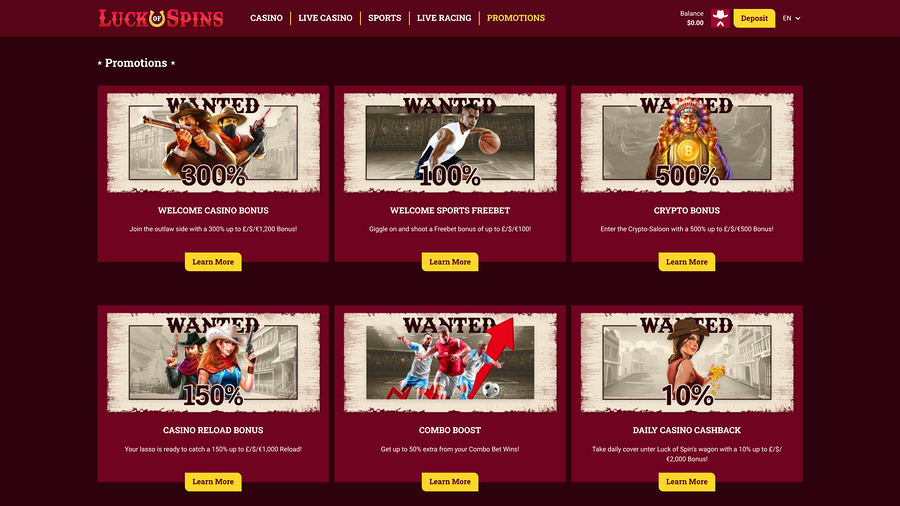 Luck Of Spins Casino Desktop Promotions
