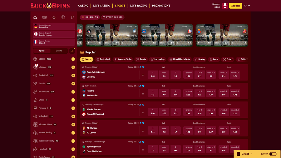Luck Of Spins Casino Desktop Sports