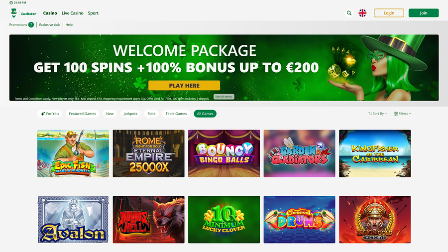 Luckster Casino Desktop Homepage