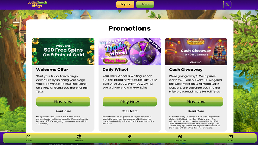 Lucky Touch Bingo Desktop Promotions