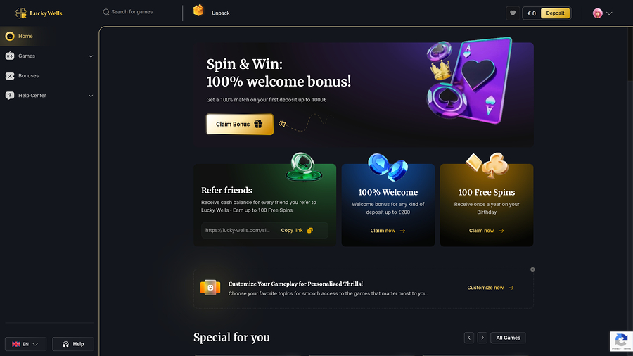 Página de inicio de Lucky Wells Casino para escritorio