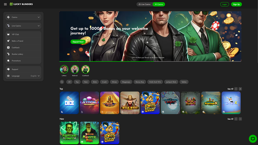Lucky Blinders Casino Homepage