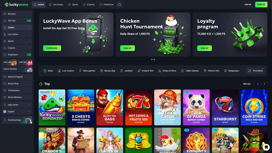 Página principal del casino LuckyWave