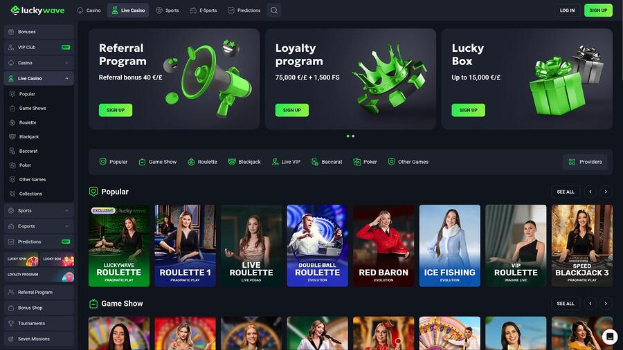 Página de crupier en vivo de LuckyWave Casino