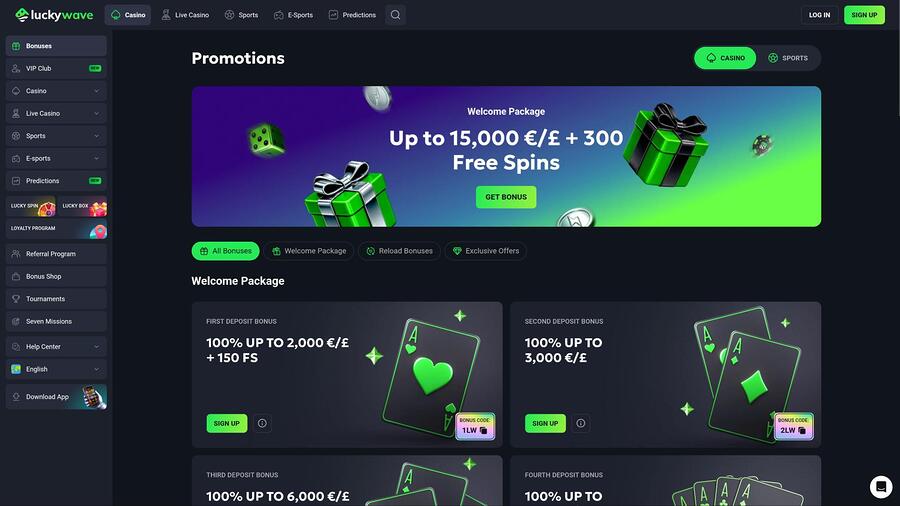 Página de promociones de LuckyWave Casino