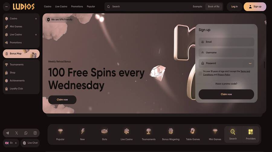 Homepage screenshot of Ludios Casino for Desktop