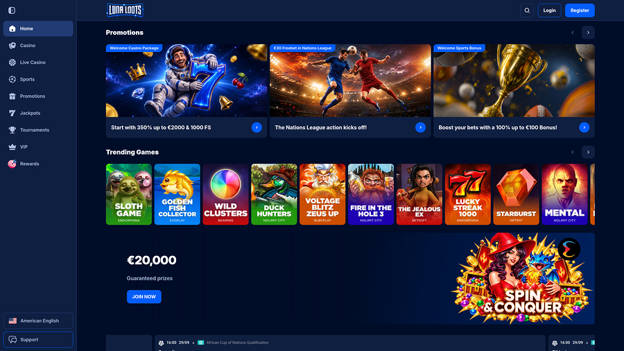 LunaLoots Casino Desktop Homepage