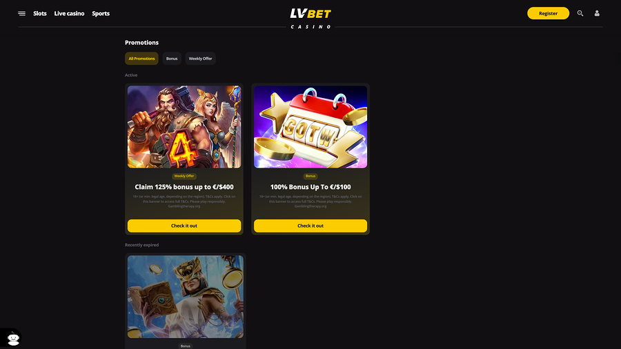 Promociones de escritorio del casino LV Bet