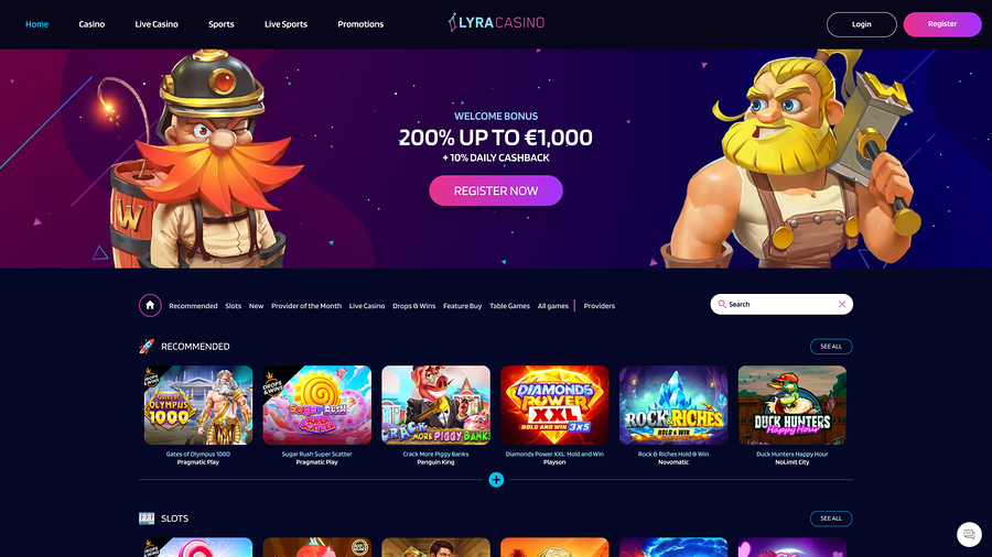 Lyra Casino Desktop Homepage
