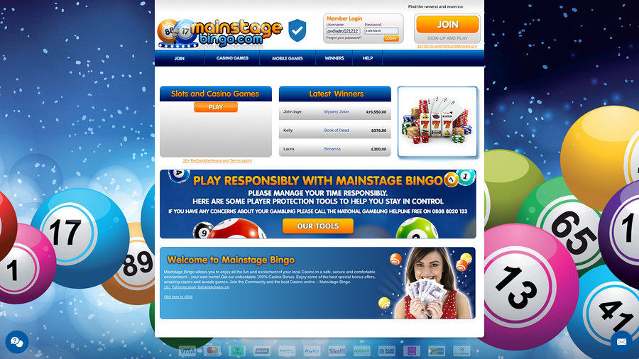 Mainstage Bingo Desktop Homepage
