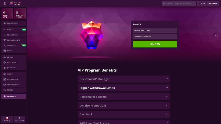 Malina Casino Desktop VIP Program