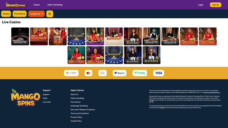Mango Spins Casino Desktop live dealer