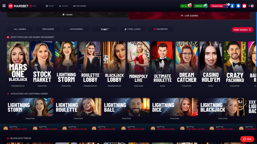 Marsbet Casino desktop Live dealer