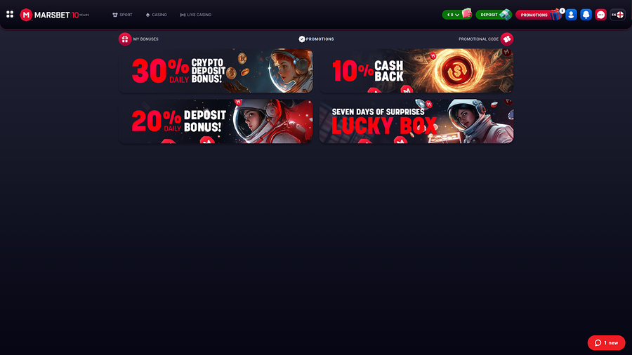 Marsbet Casino Desktop Promotions