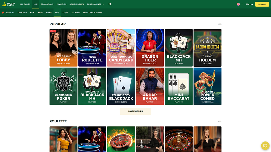 Mason Slots Casino Desktop Live dealer
