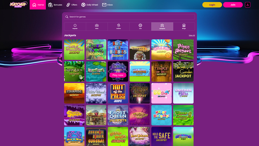 Matchup Casino desktop jackpot