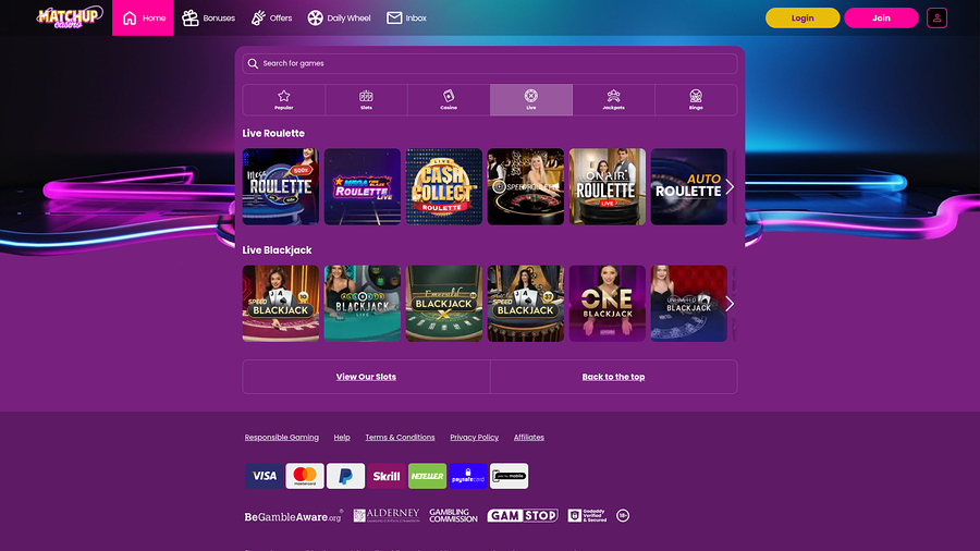 Matchup Casino Desktop Live dealer