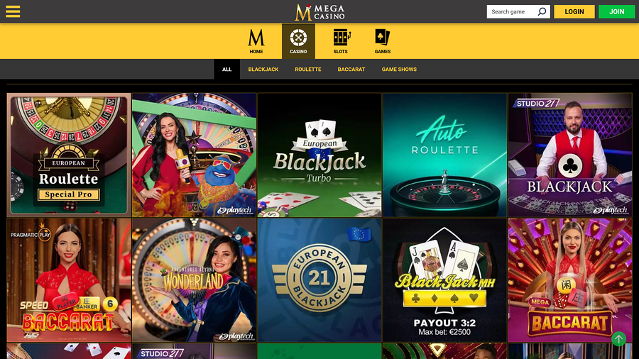 Mega Casino Desktop live dealer