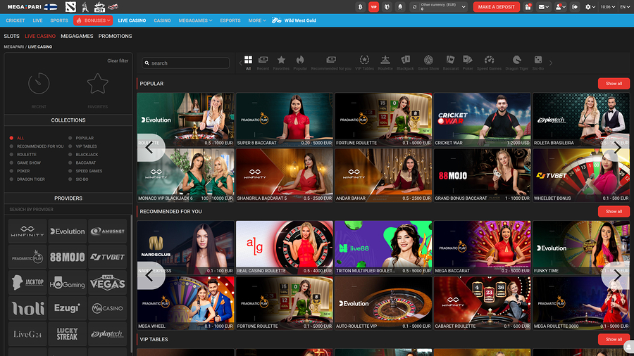 Megapari Casino desktop Live dealer