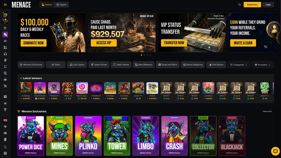 Menace Casino Homepage Desktop