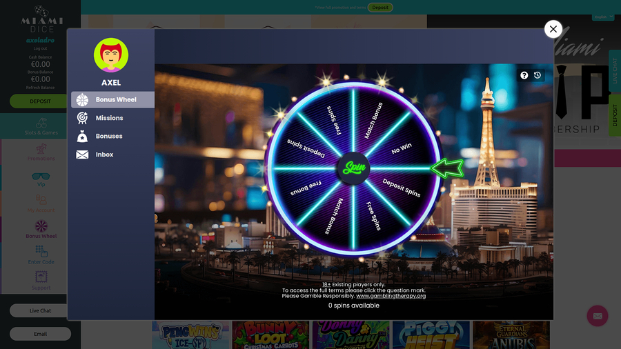 Miami Dice Casino Desktop Bonus Wheel