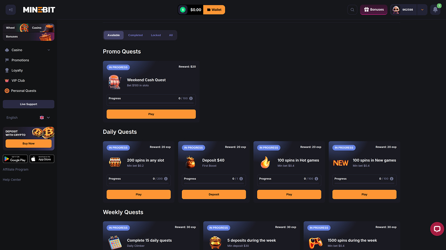 Minebit Casino Desktop Personal Quests