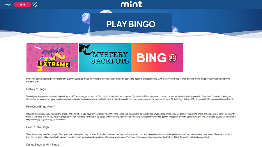 Mint Bingo Casino Desktop bingo