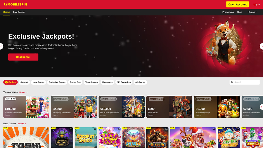 MobileSpin Casino Desktop Homepage