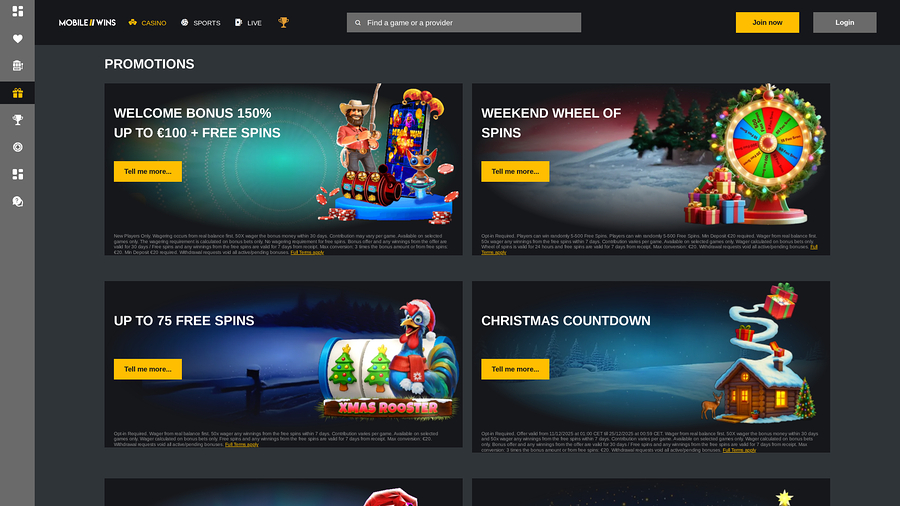 MobileWins Casino Desktop Promotions