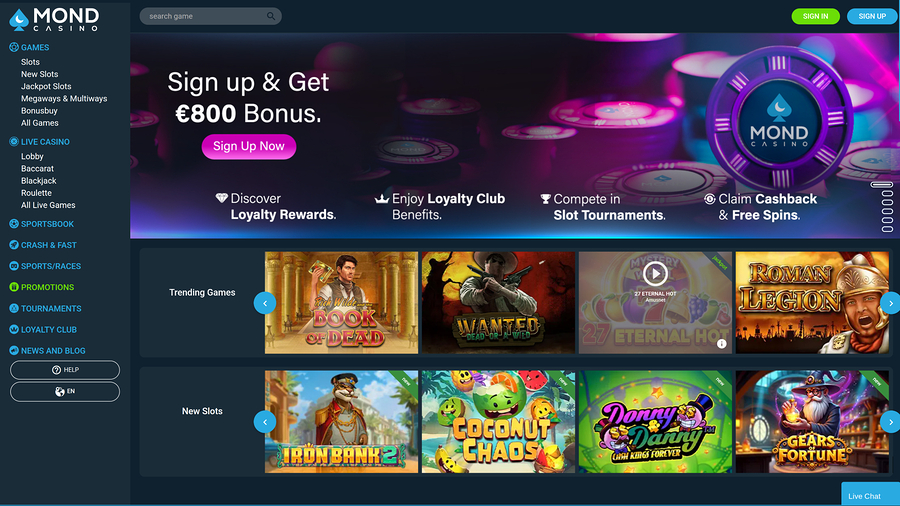 Mond Casino Desktop Homepage