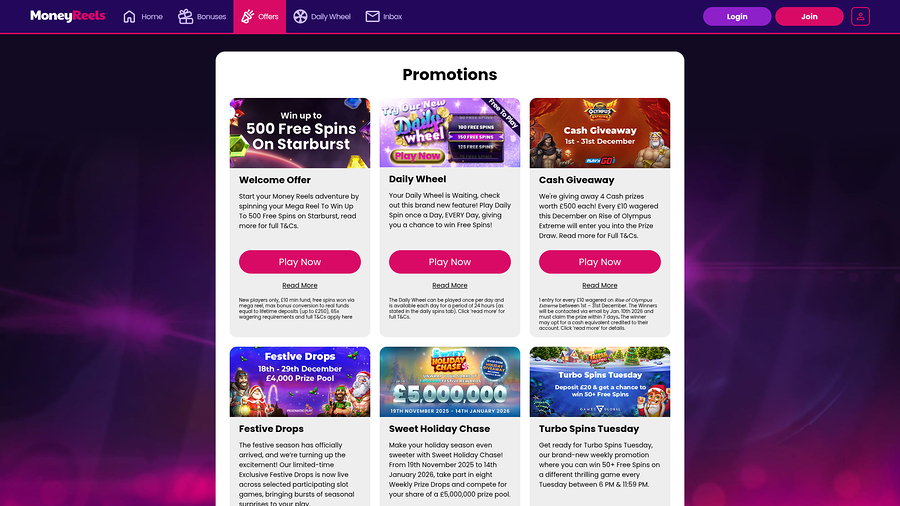 Money Reels Casino Desktop Promotions