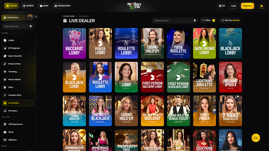 Monkey Tilt Casino Desktop Live dealer