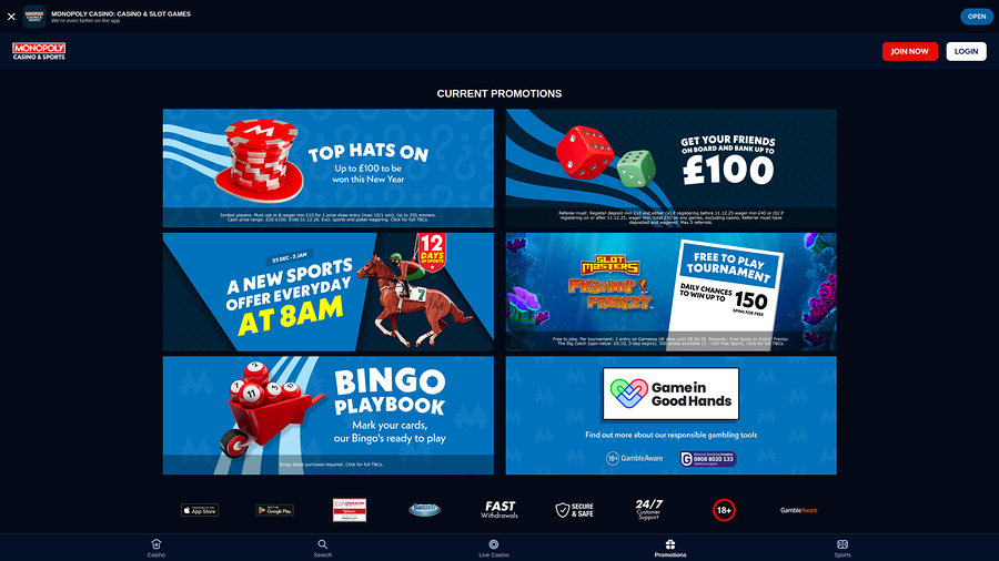 Monopoly Casino Desktop Promotions
