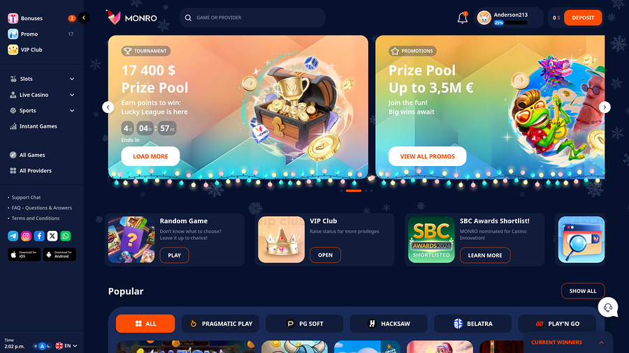 Monro Casino Desktop Homepage