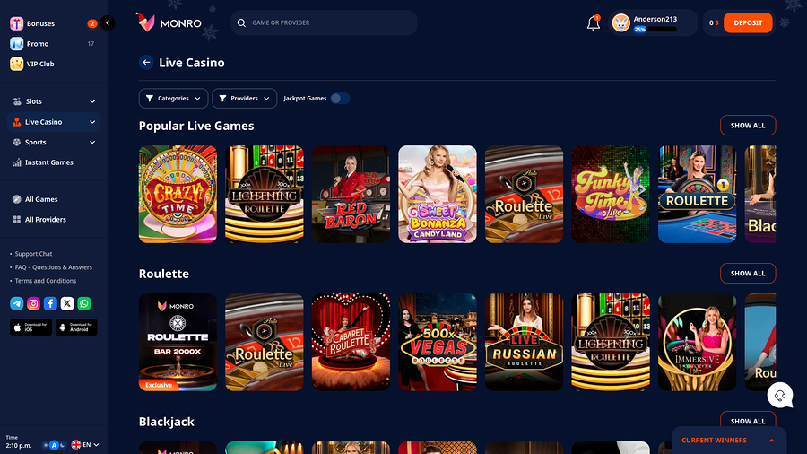 Monro Casino Desktop Live Dealer