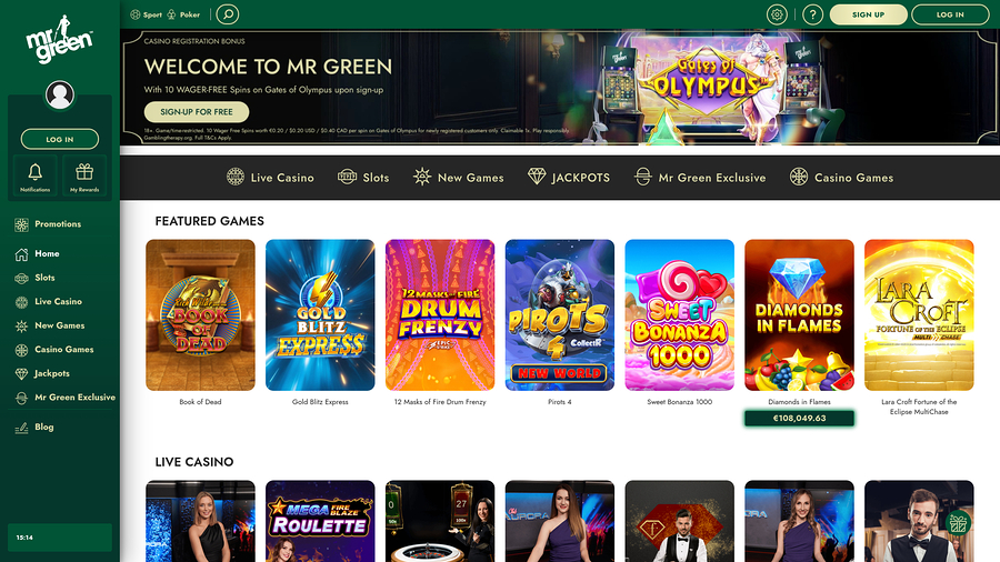 Mr Green Casinos hemsida för datorer