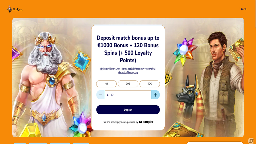 Homepage screenshot of MrBen Casino for Desktop