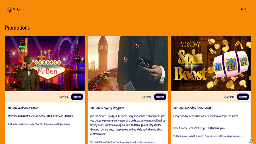 Promotions screenshot of MrBen Casino for Desktop