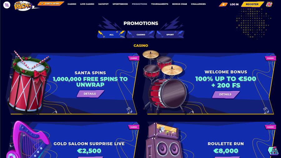 Promotions page screenshot of MrPacho Casino
