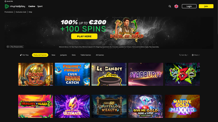MyriadPlay Casino Desktop Homepage