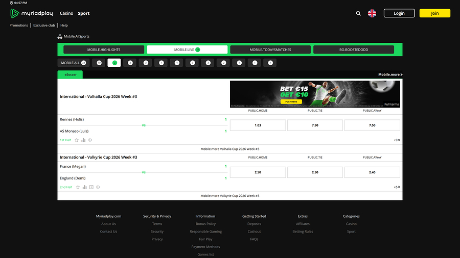 MyriadPlay Casino Desktop Live Sports