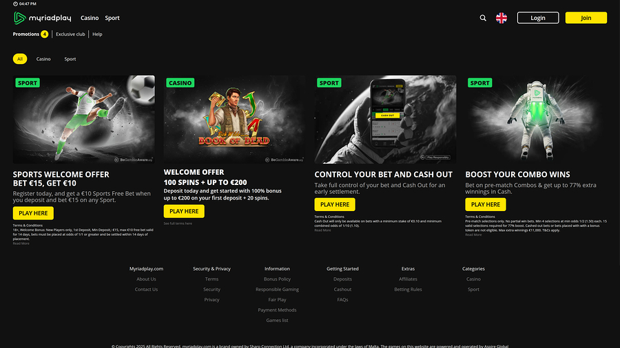 MyriadPlay Casino Desktop Promotions