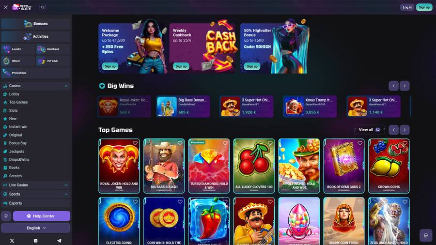 Games page screenshot of Need for Slots Casino