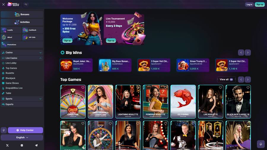 Live page screenshot of Need for Slots Casino