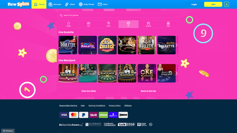 New Spins Casino Desktop Live Dealer