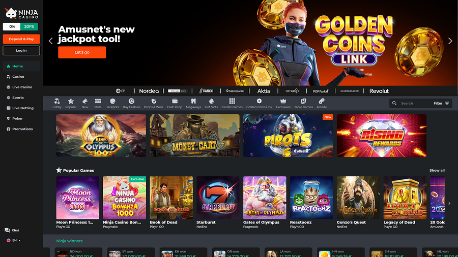 Ninja Casinos startsida för datorer