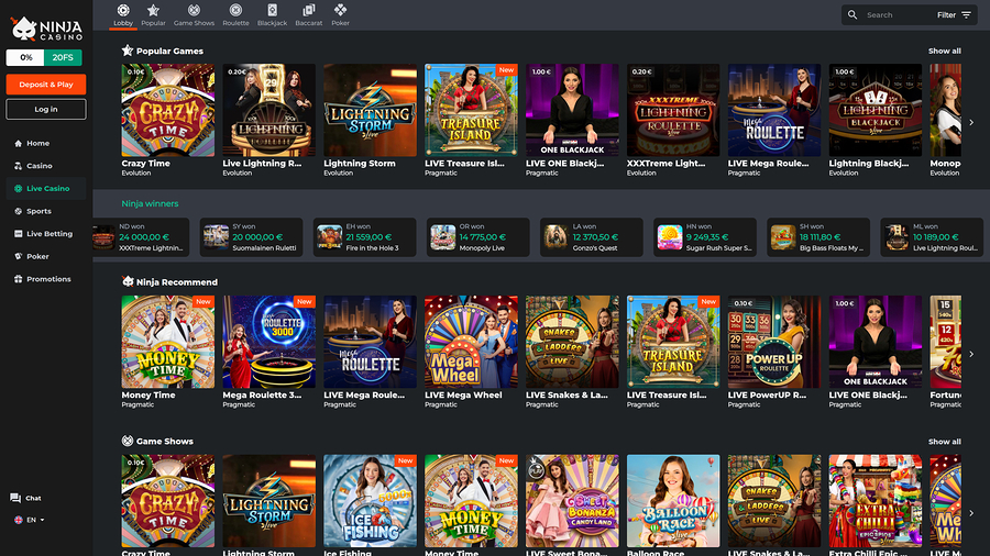 Ninja Casino Desktop Live dealer