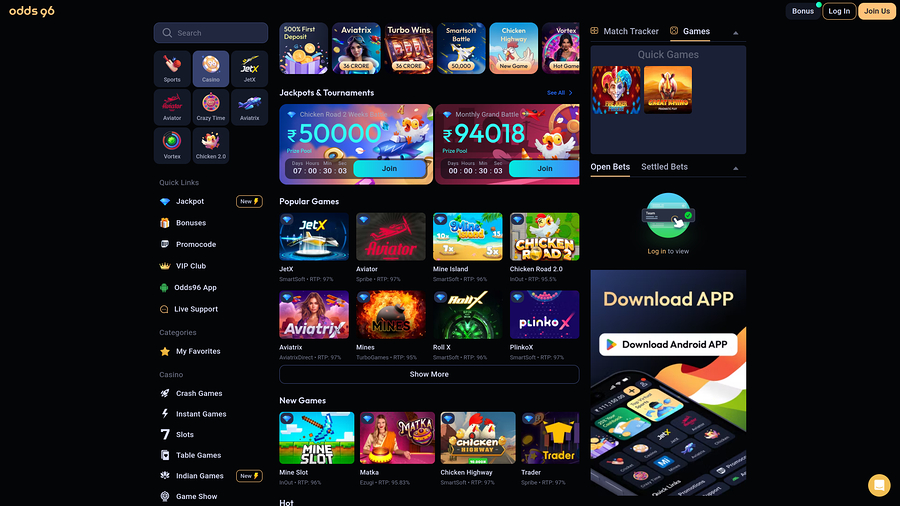 Odds96 Casino Desktop Homepage