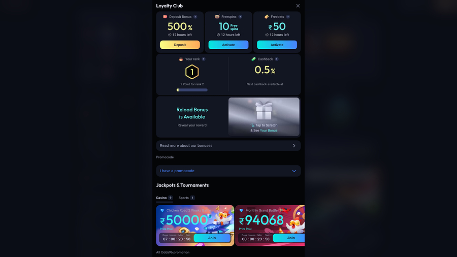 Odds96 Casino Desktop Promotions